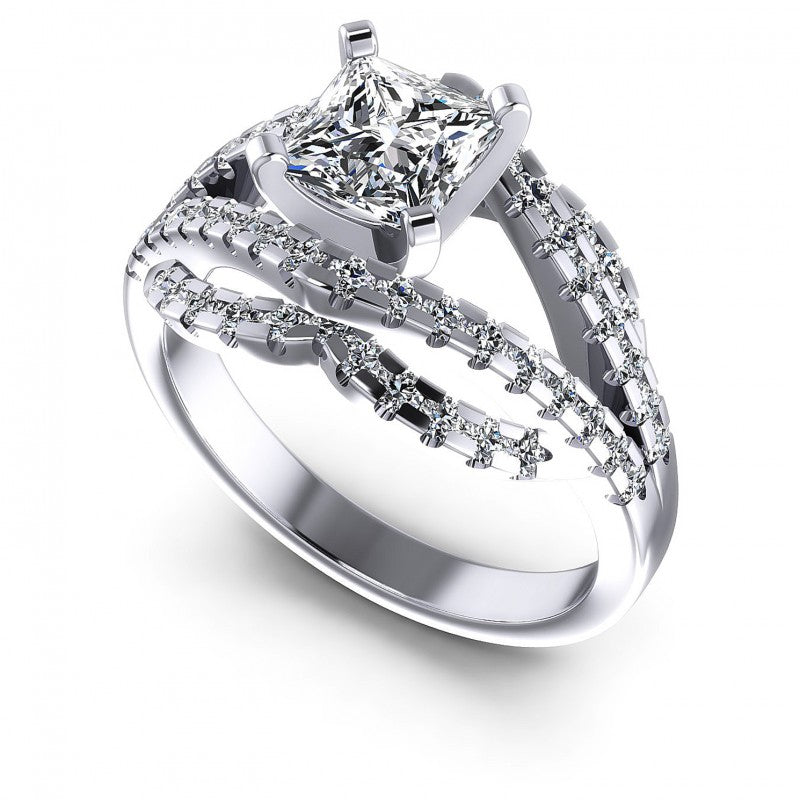 Princess and Round Diamonds 1.10CT Engagement Ring in 14KT White Gold