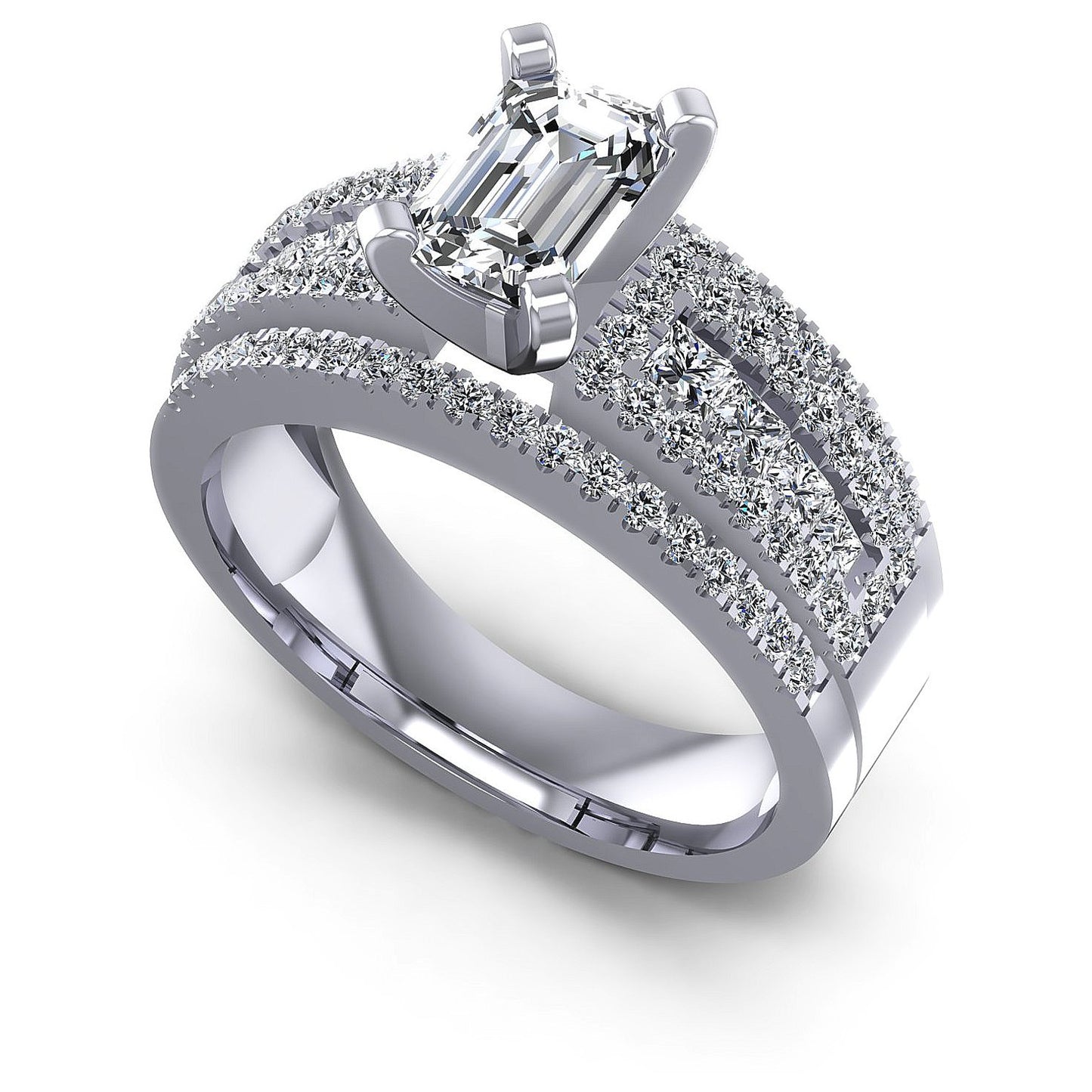 1.60CT Emerald And Princess And Round  Cut Diamonds Engagement Rings
