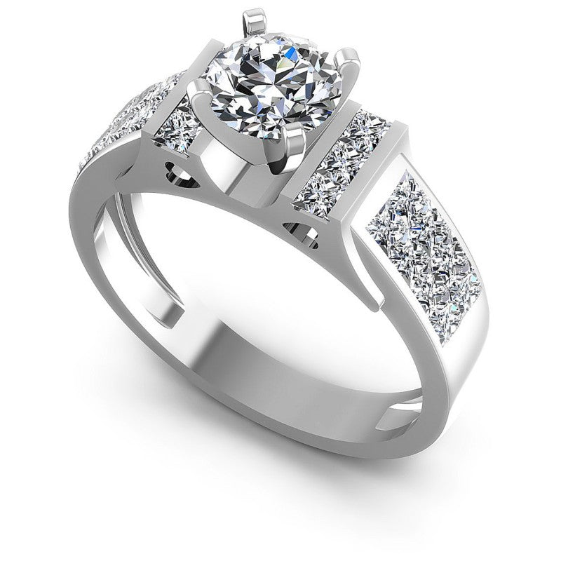 Princess and Round Diamonds 1.15CT Engagement Ring in 14KT White Gold