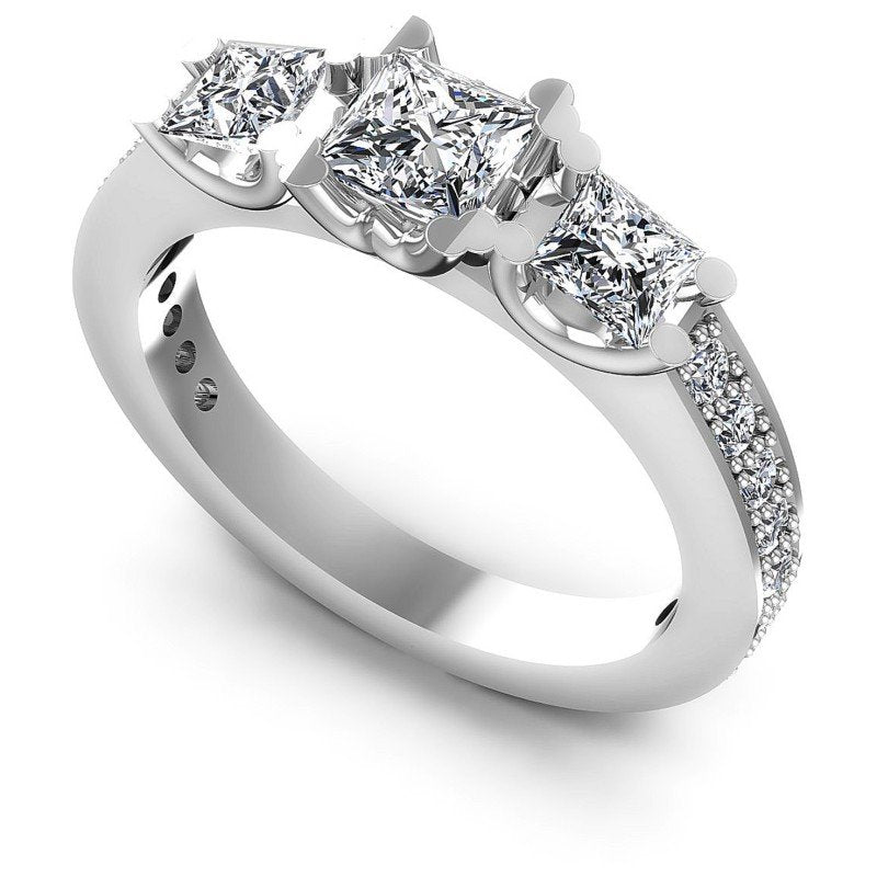 Princess and Round Diamonds 1.01CT Three Stone Ring in 14KT White Gold