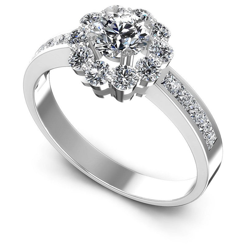 Princess and Round Diamonds 0.95CT Halo Ring in 14KT White Gold