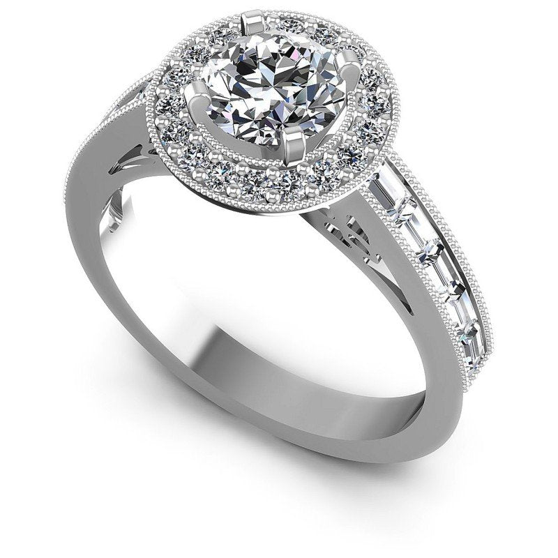 Baguette and Round Diamonds 1.10CT Antique Ring in 14KT White Gold