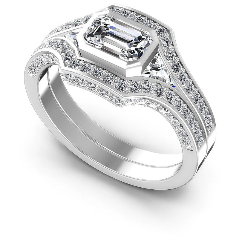 Triangle and Round and Emerald Diamonds 1.15CT Engagement Ring in 14KT White Gold