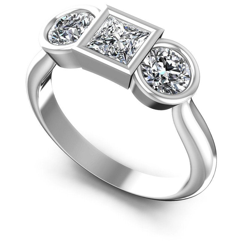Princess and Round Diamonds 1.10CT Three Stone Ring in 14KT White Gold