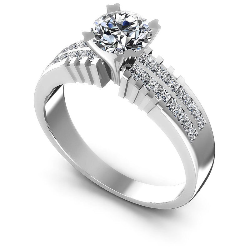 Princess and Round Diamonds 0.90CT Engagement Ring in 14KT White Gold