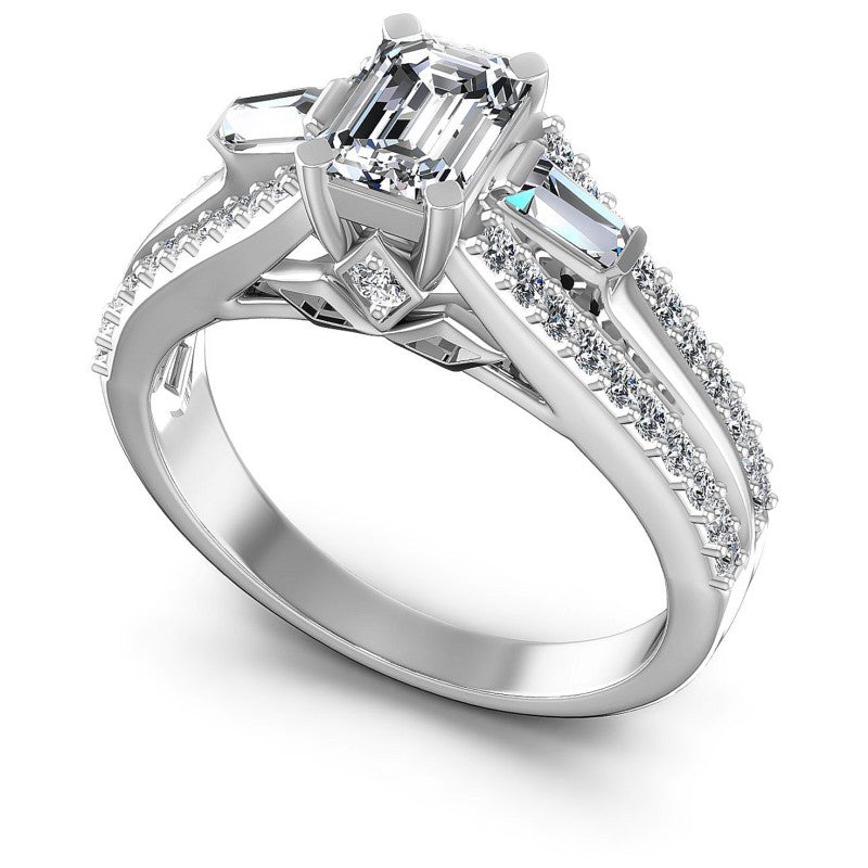 Baguette and Round and Emerald Diamonds 1.25CT Engagement Ring in 14KT White Gold