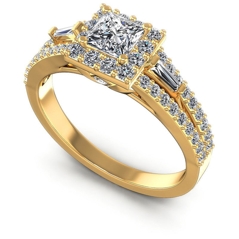 Baguette and Princess and Round Diamonds 1.15CT Halo Ring in 14KT White Gold