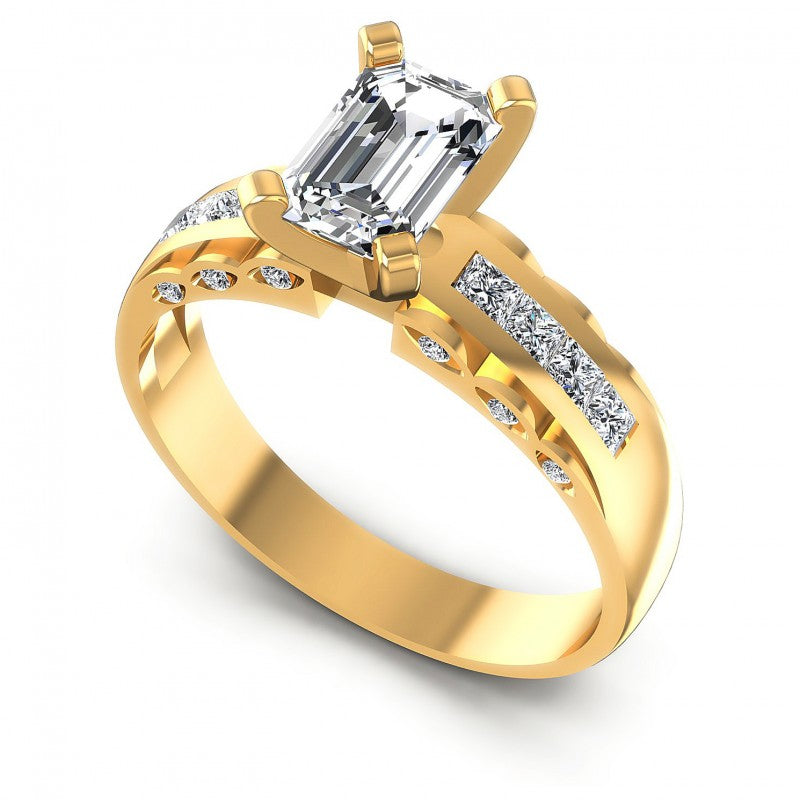 Princess and Round and Emerald Diamonds 0.70CT Engagement Ring in 14KT White Gold