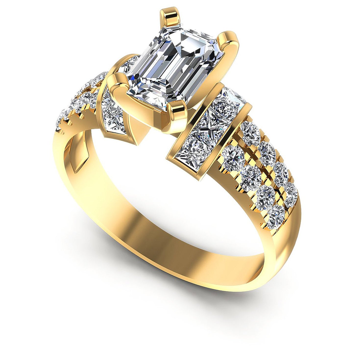 1.45CT Emerald And Princess And Round  Cut Diamonds Engagement Rings