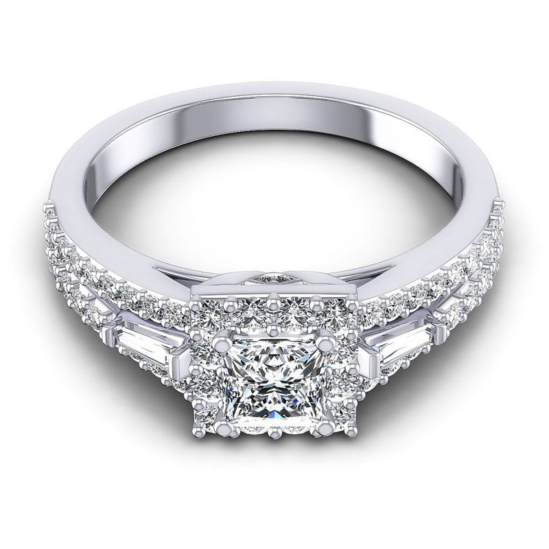 Baguette and Princess and Round Diamonds 1.15CT Halo Ring in 14KT Yellow Gold