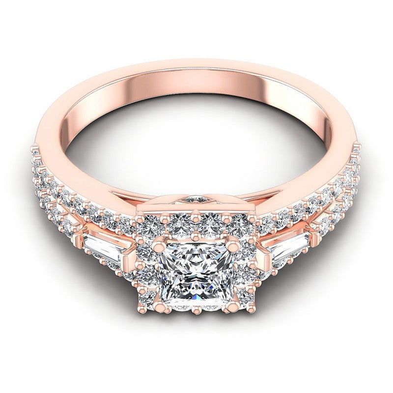 Baguette and Princess and Round Diamonds 1.15CT Halo Ring in 18KT Yellow Gold