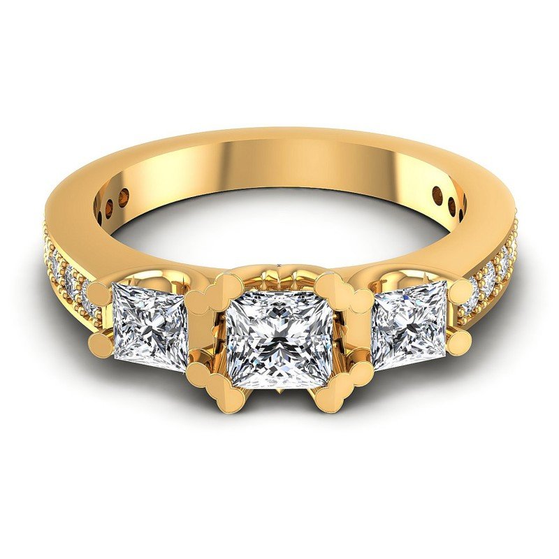 Princess and Round Diamonds 1.01CT Three Stone Ring in 14KT Yellow Gold