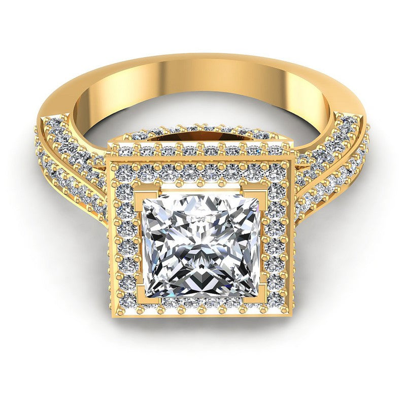 Princess and Round Diamonds 1.90CT Halo Ring in 14KT Yellow Gold