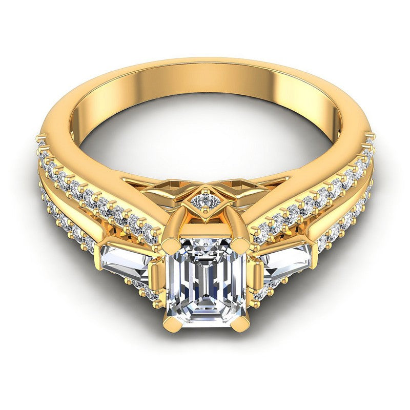 Baguette and Round and Emerald Diamonds 1.25CT Engagement Ring in 14KT Yellow Gold