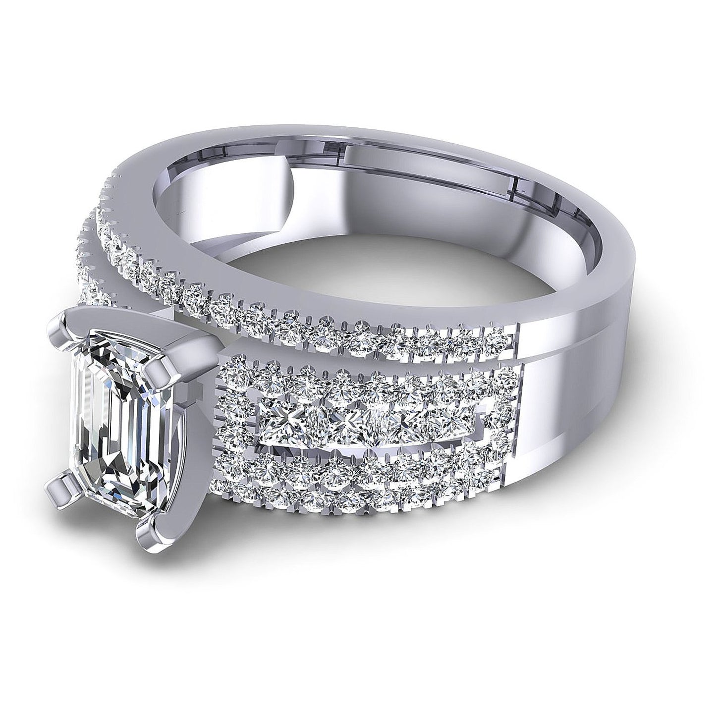 1.60CT Emerald And Princess And Round  Cut Diamonds Engagement Rings