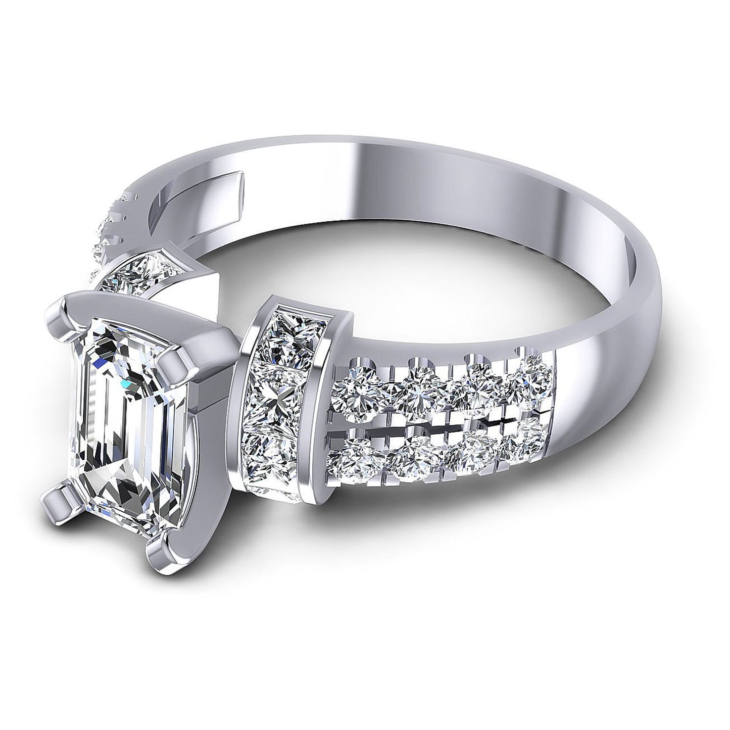 1.45CT Emerald And Princess And Round  Cut Diamonds Engagement Rings
